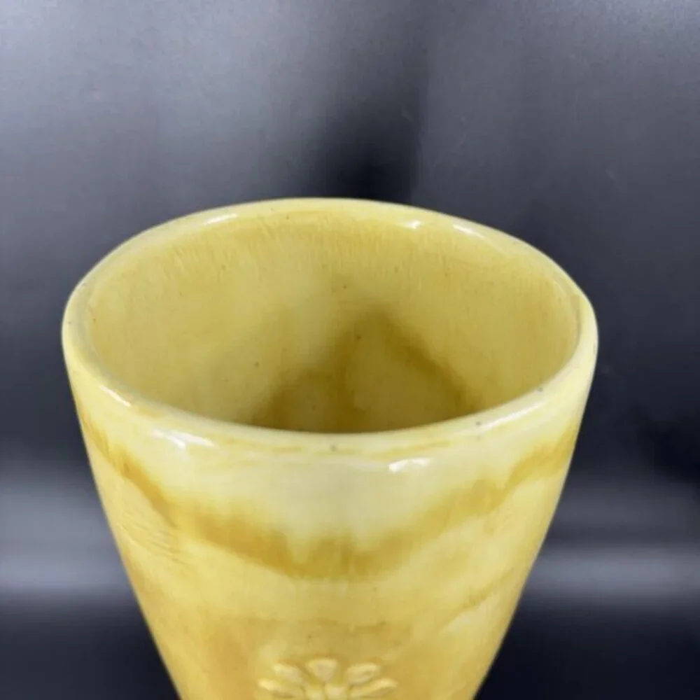 Antique Tall Yellow Pottery Vase‎ Embossed Flower USA Hand Made Vase Vessel VTG